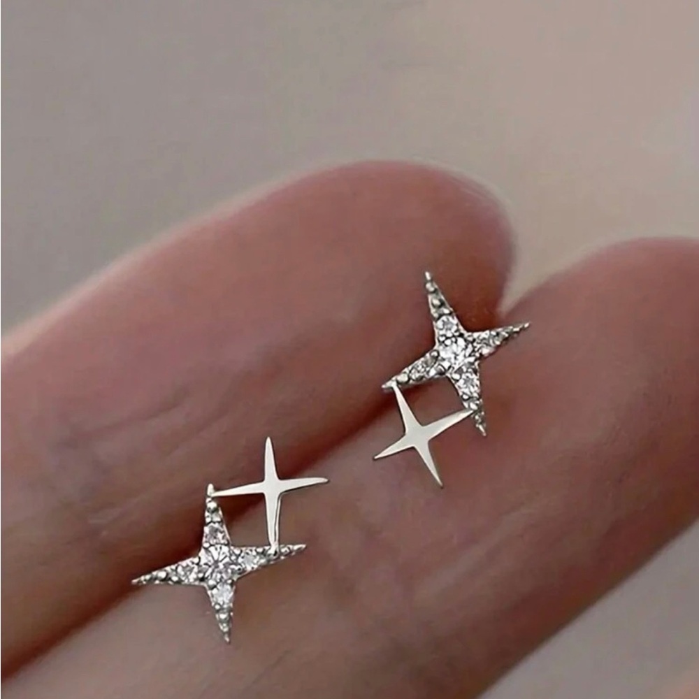 Silver Plated Stainless Steel Rhinestone Star Earrings